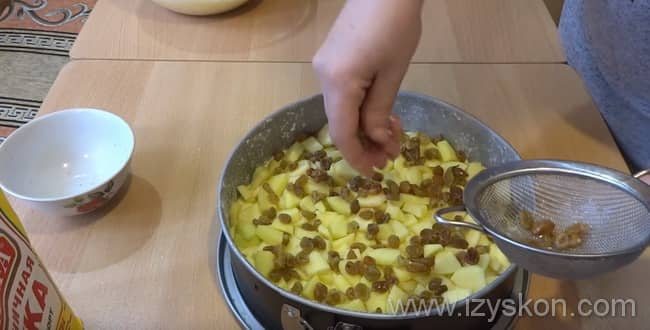 Что бы приготовить Заливной пирог с кусочками яблок со сметаной - вылейте часть теста в форму, выложите яблоки и изюм