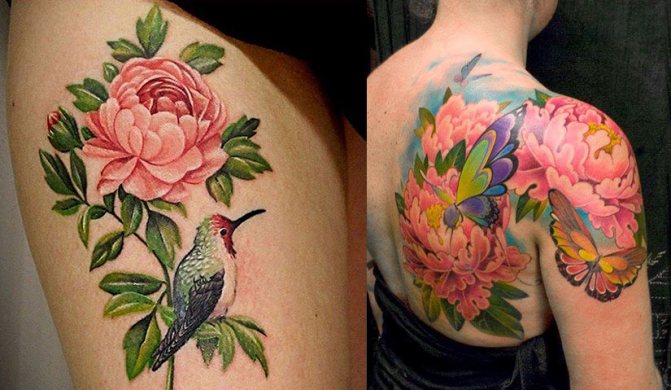 Две татуировки с пионами, с бабочкой и с птицей