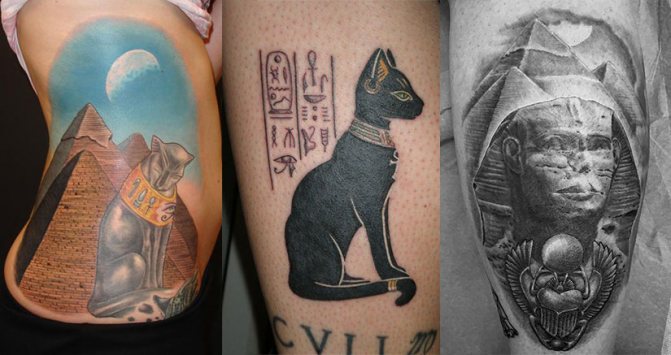 Египетские тату пирамиды, статуэтки сфинкса и египетской кошки
