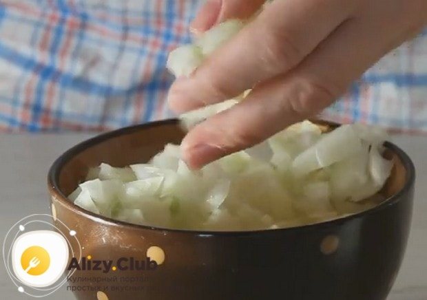 Пока тесто замешивается, нарезаем мелко луковицу.