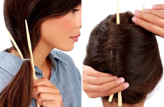 Прическа на длинные волосы ракушка при помощи китайских палочек
