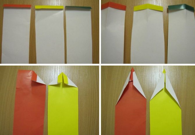 Процесс сборки оригами-закладки для книг Карандаши