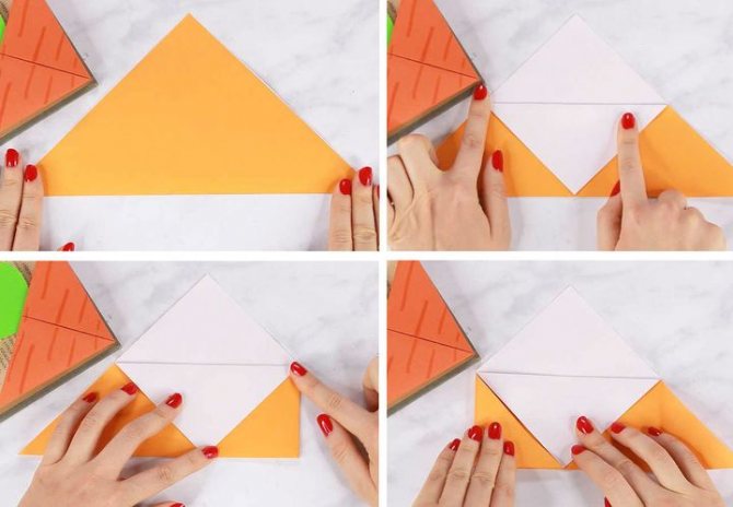 Процесс сборки оригами-закладки для книг Морковка