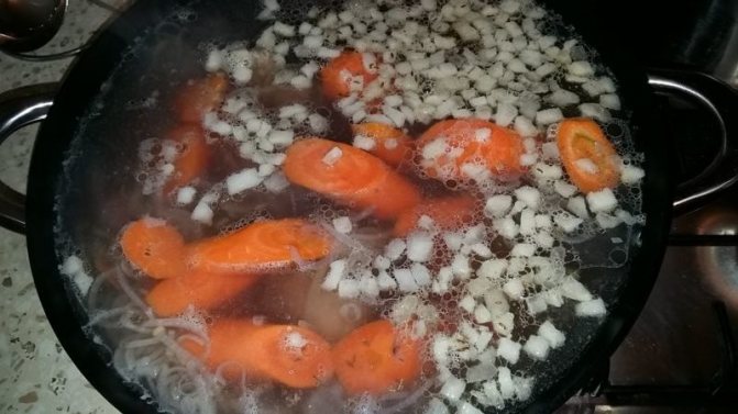Закладываем в бульон морковь, курдючный жир, нут