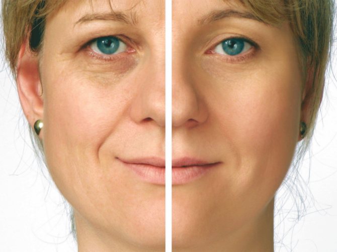 Женщина после 40, у которой одна часть лица природная, а на вторую нанесен омолаживающий макияж